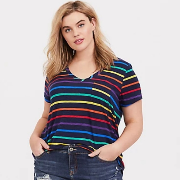 torrid Tops - TORRID v neck rainbow stripe navy blue tee 1X